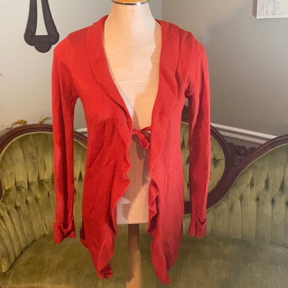 Long ruffled tie sweater. Women’s L (12/14).